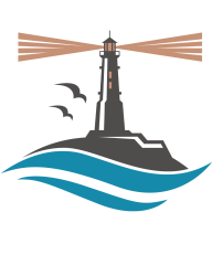 Stylized lighthouse on a rocky shore shining beams of light over blue ocean waves, with two birds in the sky.