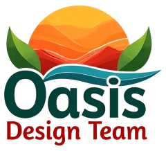 Circular sunset over orange and red desert dunes, framed by two green leaves and a blue wave, set against a black background, with the words Oasis Design Team below. 