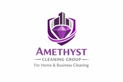 Purple shield logo featuring a faceted amethyst gem and stylized building, with the text “Amethyst Cleaning Group – For Home and Business Cleaning"