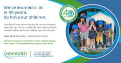 Wee Watch logo featuring a description of the business, contact information, and a photo of children wearing blue bucket hats. 