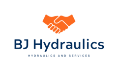Orange graphic of a handshake above the words "BJ Hydraulics" and "Hydraulics and Services"