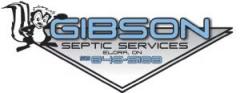 Cartoon skunk beside the word "GIBSON" in light blue, bold lettering, with "SEPTIC SERVICES" and a phone number below within a triangular frame.