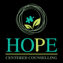 Logo for Hope Centered Counselling on a black background, featuring the word "HOPE" with a key silhouette in the letter 'P', topped by a nest icon enclosing a puzzle piece and leaves.