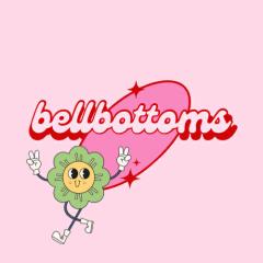 Retro logo for "Bellbottoms" featuring a smiling, peace-signing cartoon flower.
