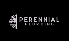 Logo for "PERENNIAL PLUMBING" featuring a light gray semi-circle emblem of plant leaves and roots on a black background.