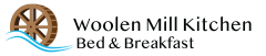 Woolen Mill Kitchen Bed & Breakfast text next to a wooden water wheel and blue waves.