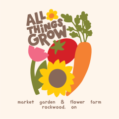 Illustrated logo reading "ALL THINGS GROW market garden and flower farm rockwood, on" surrounded by a pink flower, yellow sunflower, red tomato, and large orange carrot.