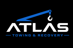 Blue and white Atlas Towing and Recovery logo with a crane hook graphic.