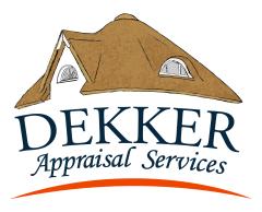 Logo for Dekker Appraisal Services featuring a house roof illustration above dark teal text and an orange curved line.