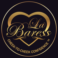 Gold "La Baress" heart logo with the tagline "CHEEK-TO-CHEEK CONFIDENCE".