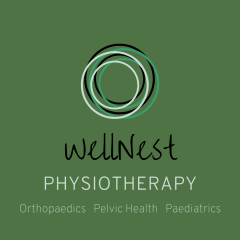 White, black, and green overlapping circles above the text 'WellNest Physiotherapy'