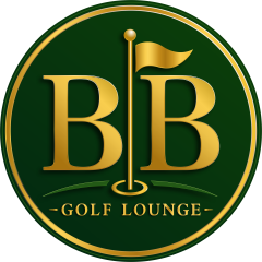 Circular green and gold logo for "BB Golf Lounge" featuring two letter B's separated by a gold golf flag and hole.