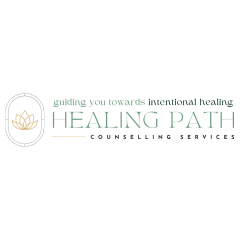 Gold lotus inside an oval outline alongside the text "guiding you towards intentional healing Healing Path Counselling Services"