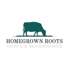 Homegrown Roots, Meats and Seasonings text under a green icon of a cow grazing on grass.