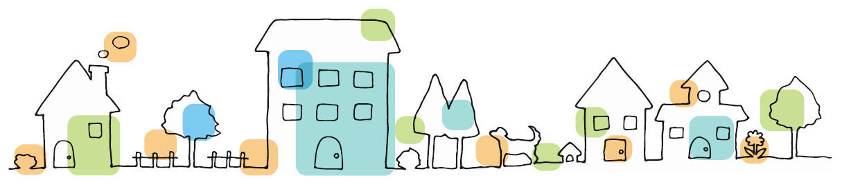 one dimensional cartoon drawing of a neighborhood community street.