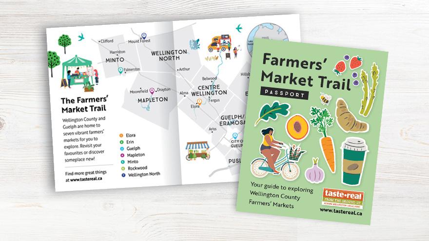 Farmers' Market Trail map and guide cover featuring a map of Wellington County and colourful illustrations of local produce and a person on a bicycle