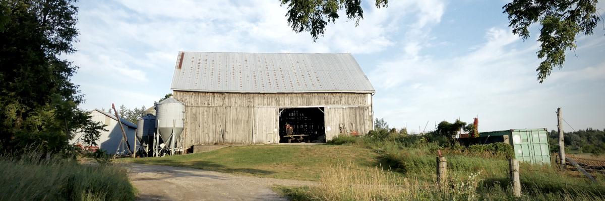 A large wooden barn with an open doorway in a grassy field.